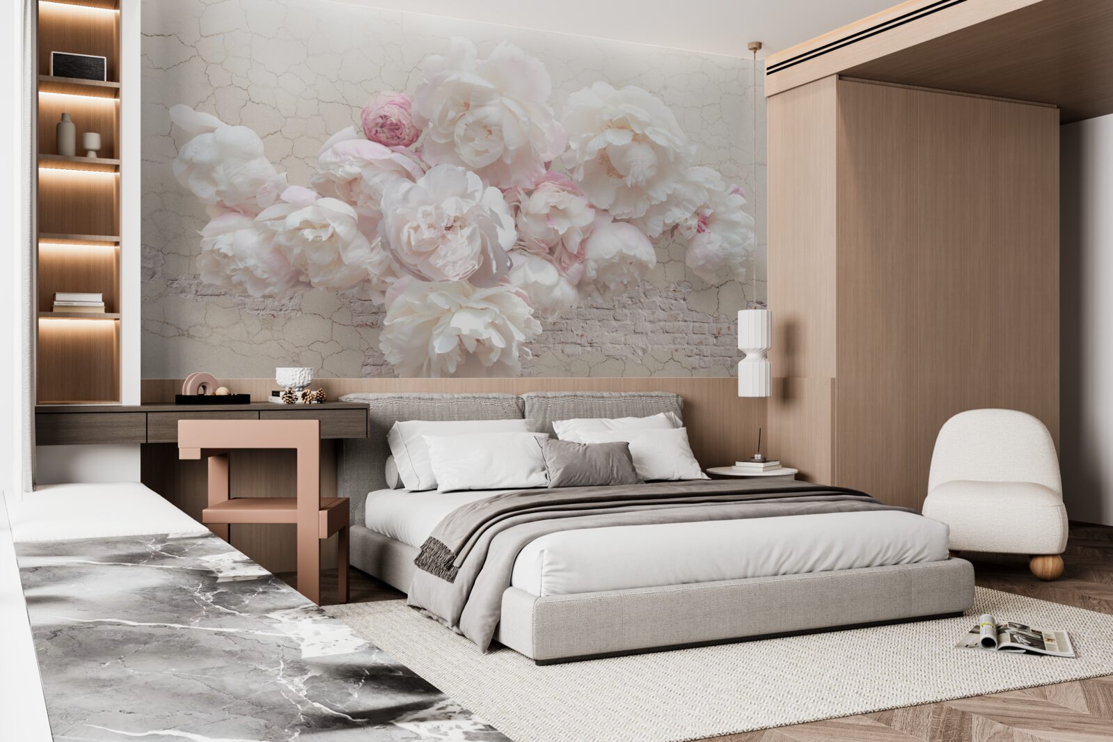 Fototapet bujori moi în alb și roz