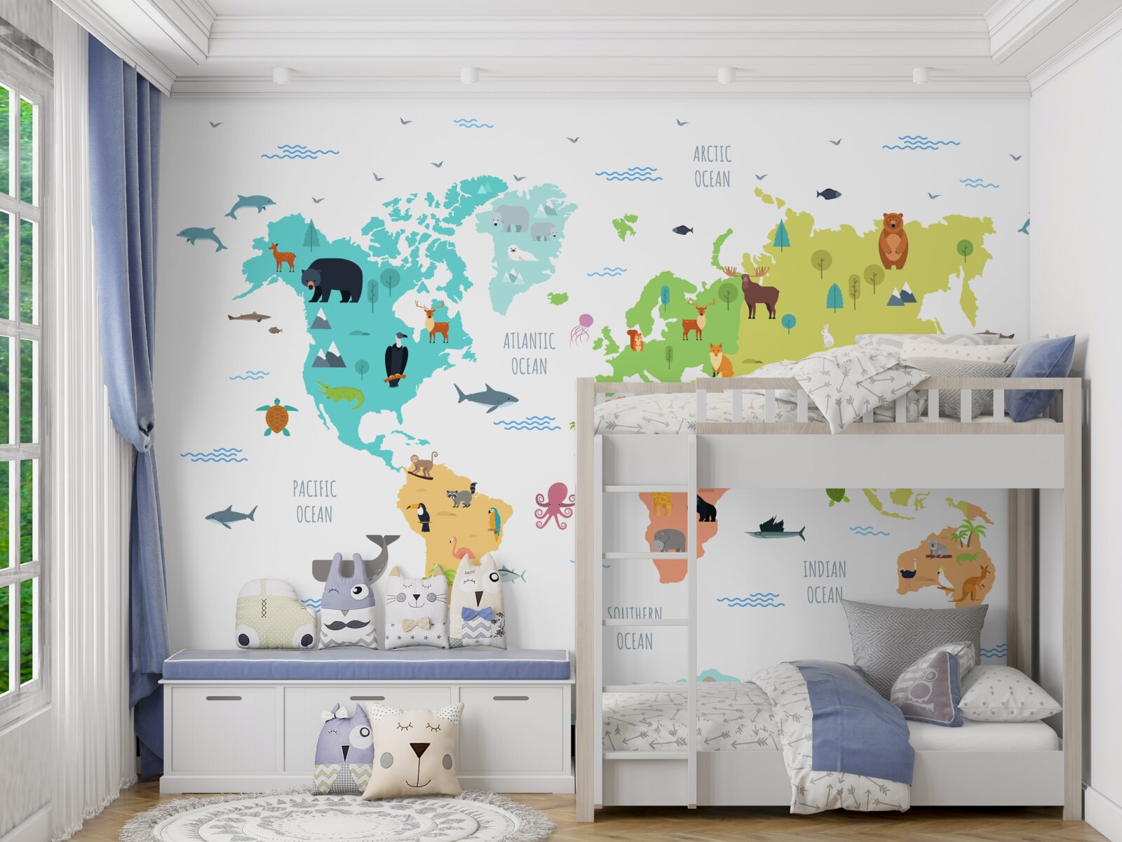 Fototapet hartă multicoloră a lumii cu reprezentanți ai faunei