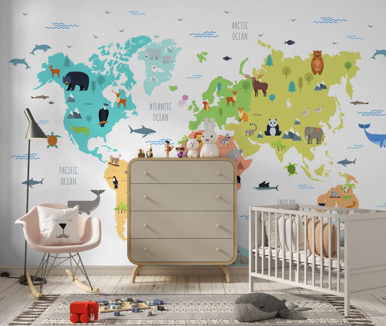 Fototapet hartă multicoloră a lumii cu reprezentanți ai faunei