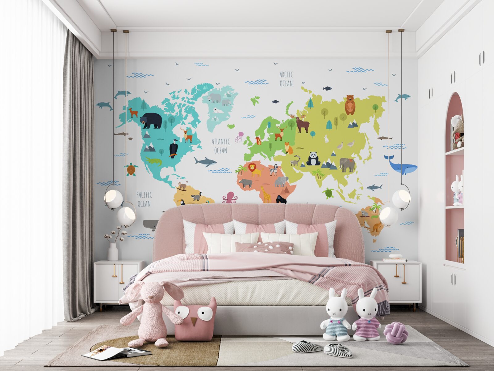 Fototapet hartă multicoloră a lumii cu reprezentanți ai faunei