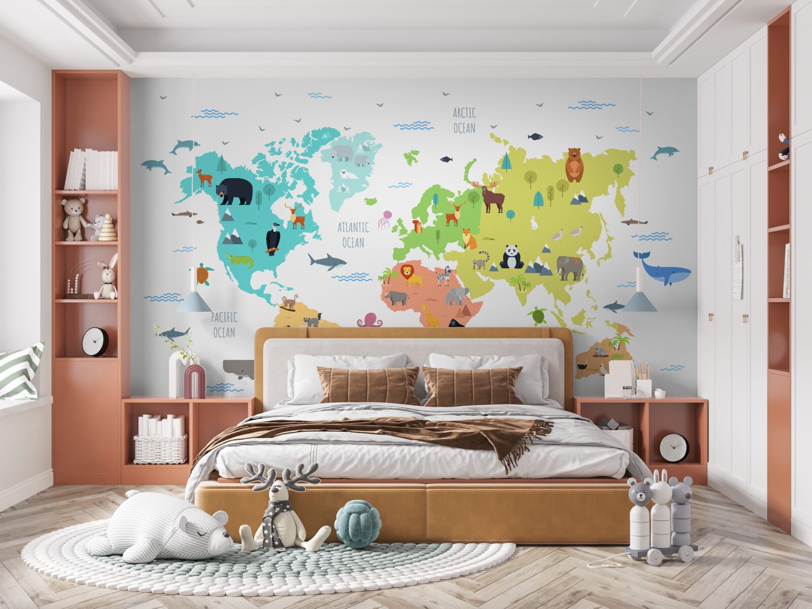 Fototapet hartă multicoloră a lumii cu reprezentanți ai faunei