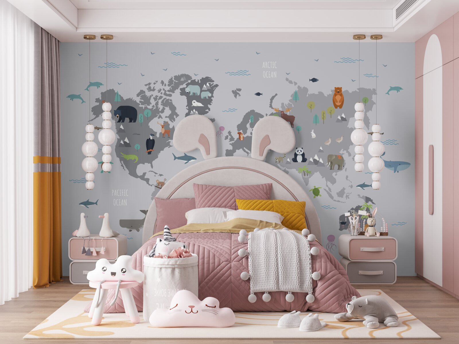 Fototapet harta lumii gri cu imagini de animale