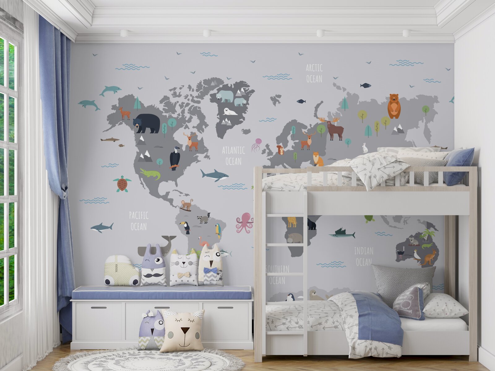 Fototapet harta lumii gri cu imagini de animale