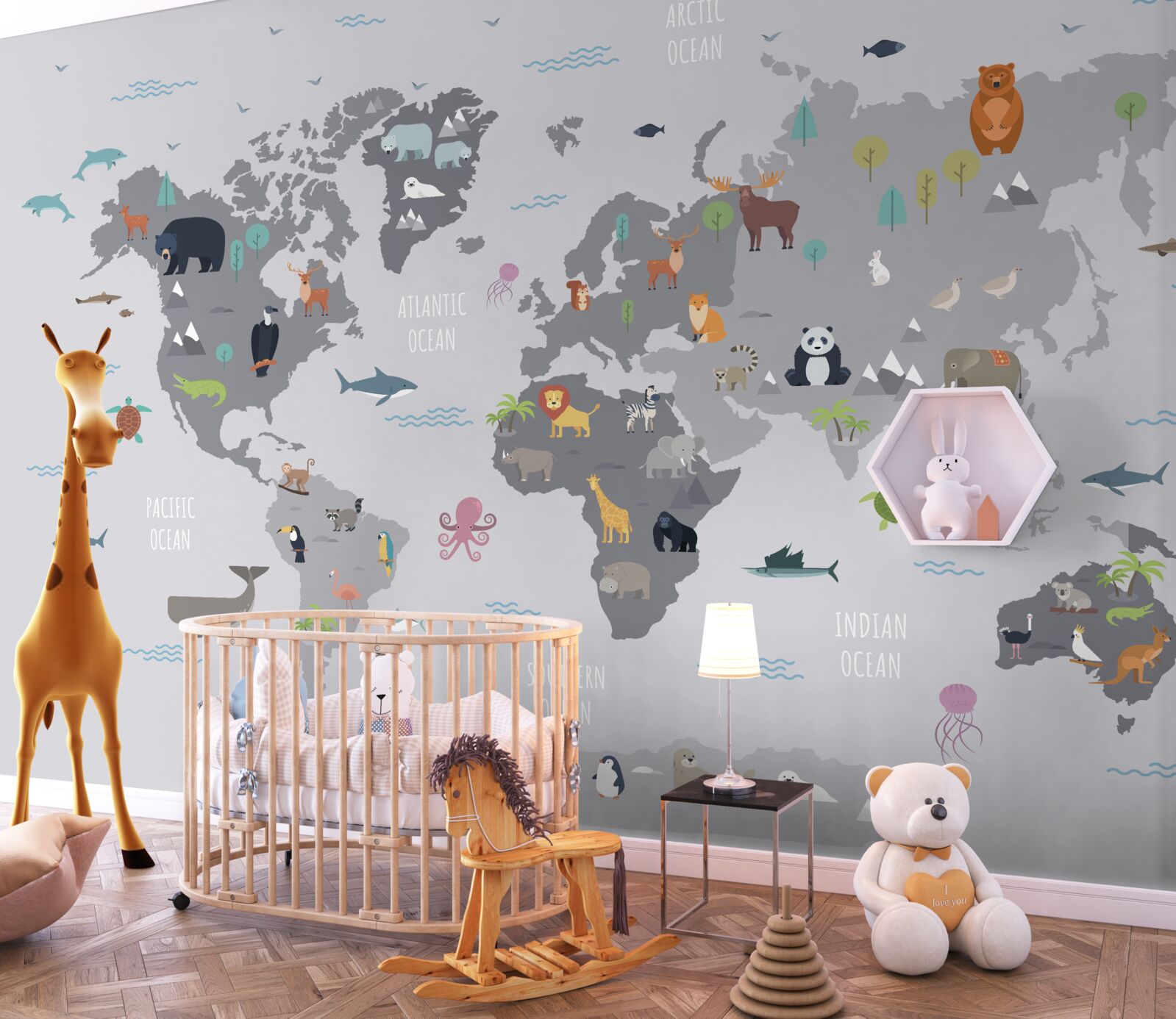 Fototapet harta lumii gri cu imagini de animale