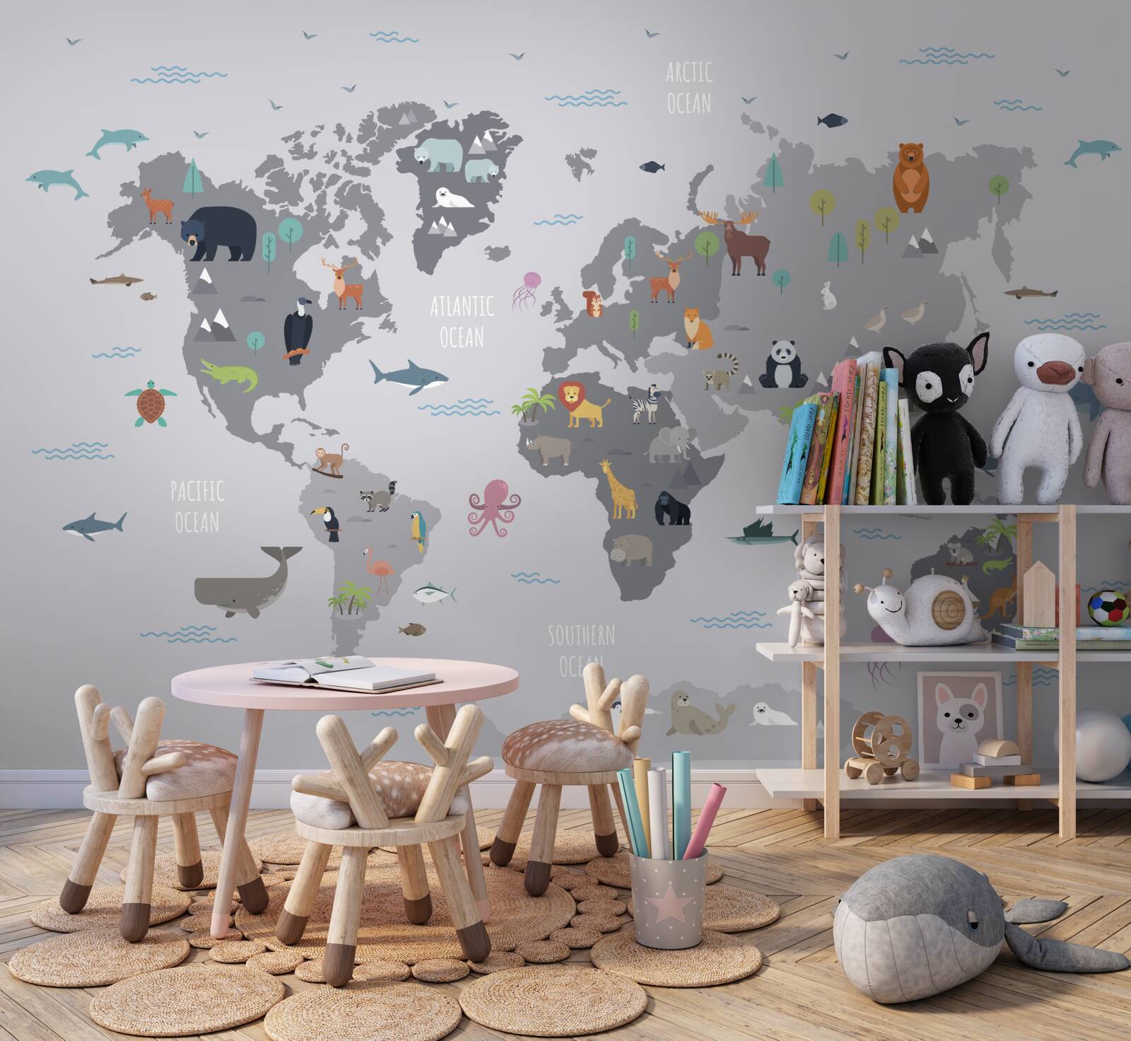 Fototapet harta lumii gri cu imagini de animale