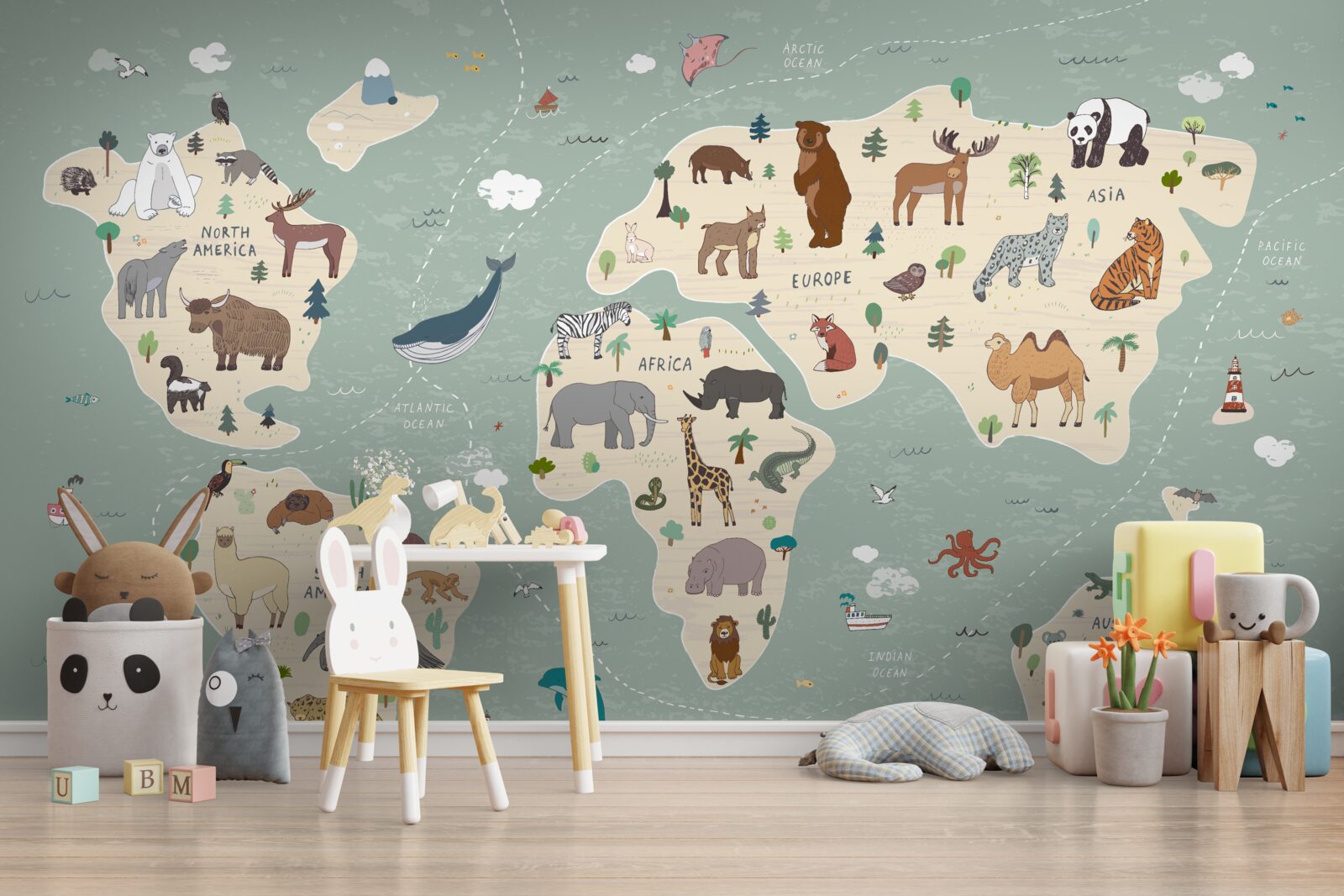 Fototapet harta lumii prezintă o multitudine de animale diferite