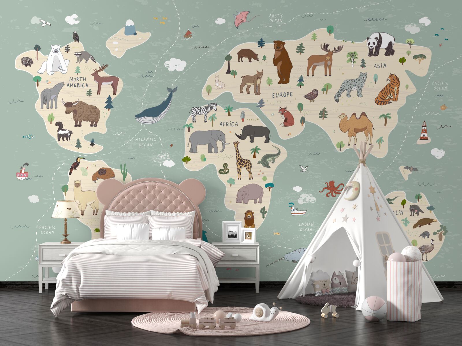 Fototapet harta lumii prezintă o multitudine de animale diferite