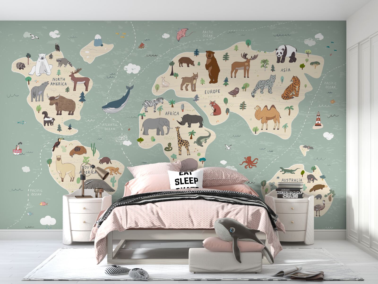 Fototapet harta lumii prezintă o multitudine de animale diferite