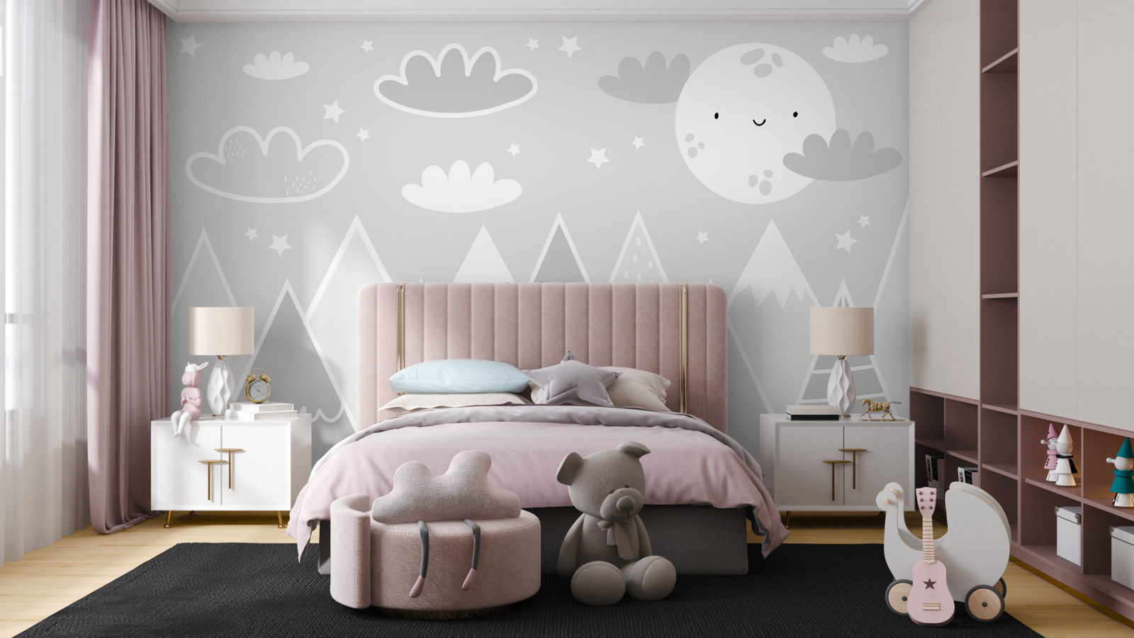 Fototapet deasupra vârfurilor munților atârnă o lună strălucitoare cu o față