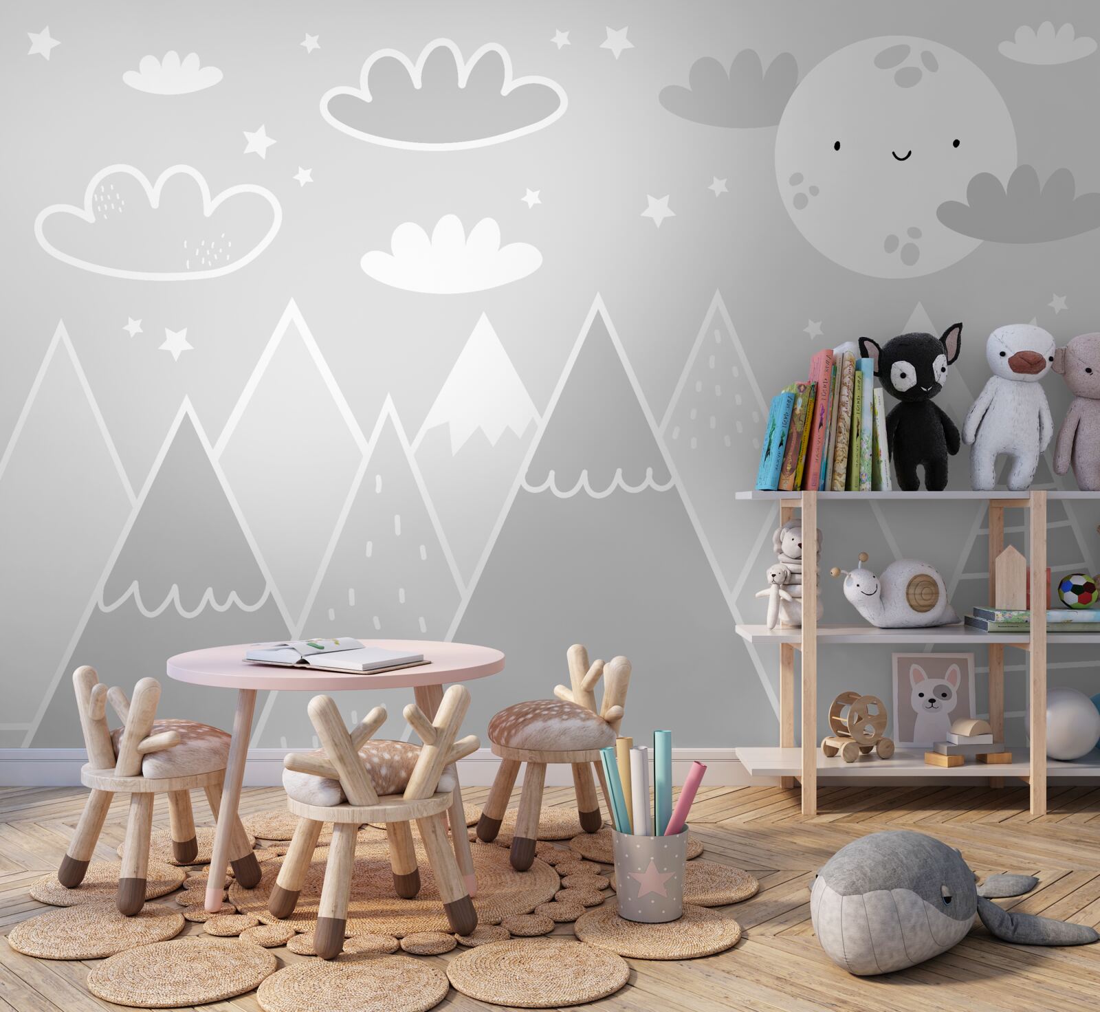 Fototapet deasupra vârfurilor munților atârnă o lună strălucitoare cu o față