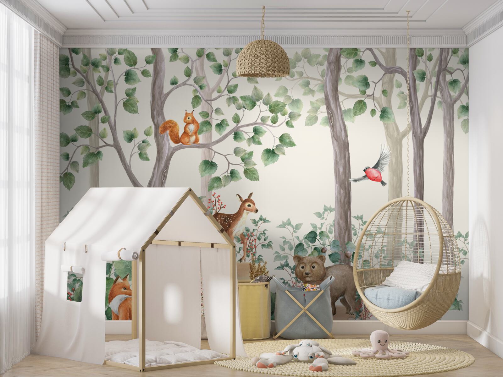 Fototapet animale și păsări într-o pădure de basm