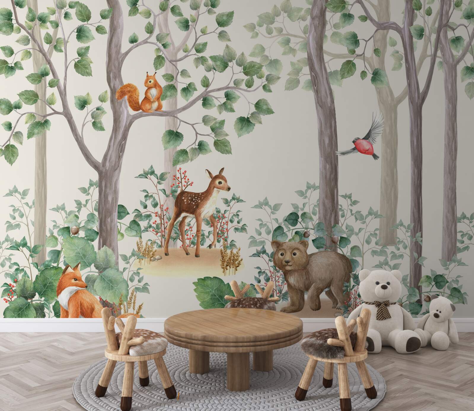 Fototapet animale și păsări într-o pădure de basm