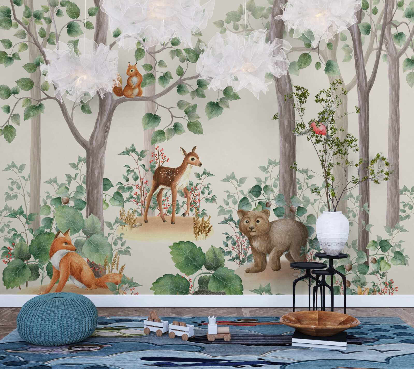 Fototapet animale și păsări într-o pădure de basm