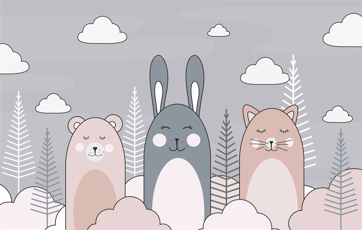 Fototapet o pisicuță, un urs și un iepure într-un decor de ambreiaj