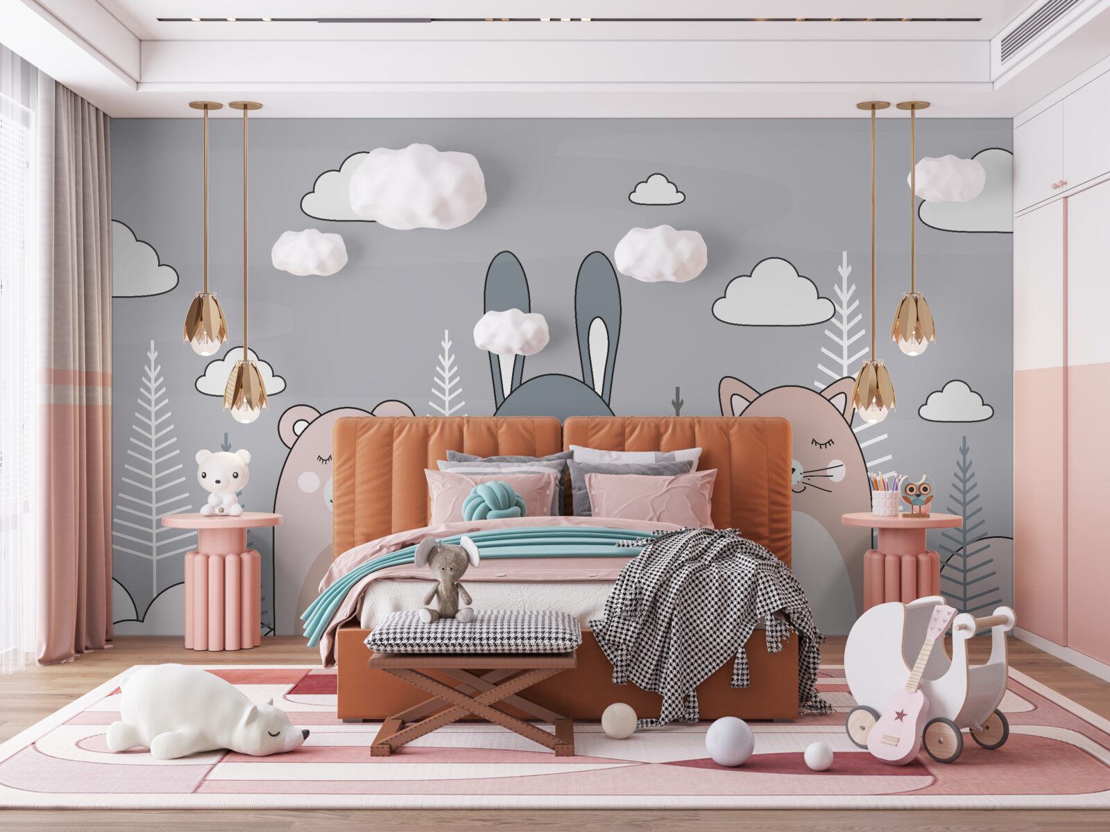 Fototapet o pisicuță, un urs și un iepure într-un decor de ambreiaj