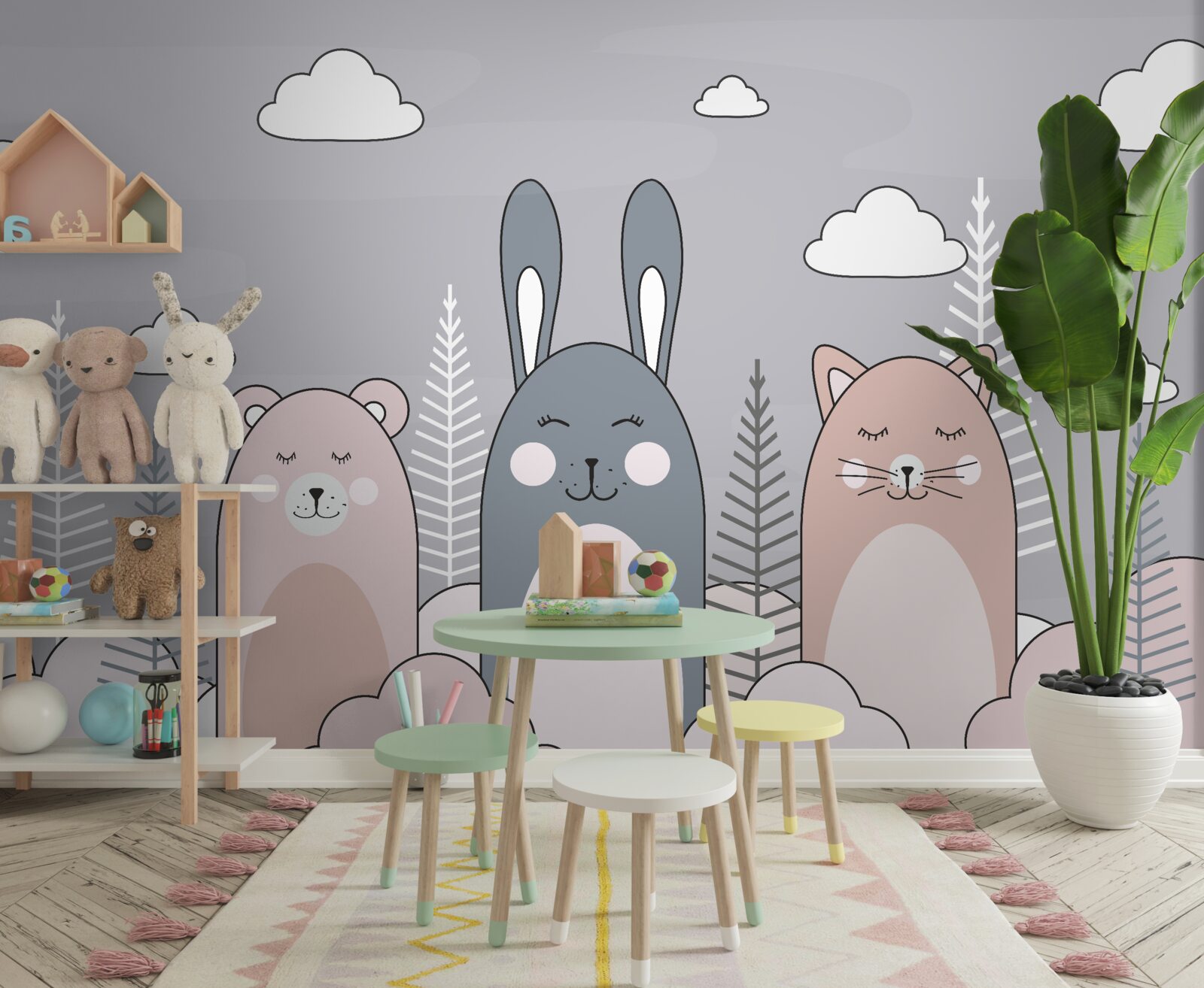 Fototapet o pisicuță, un urs și un iepure într-un decor de ambreiaj