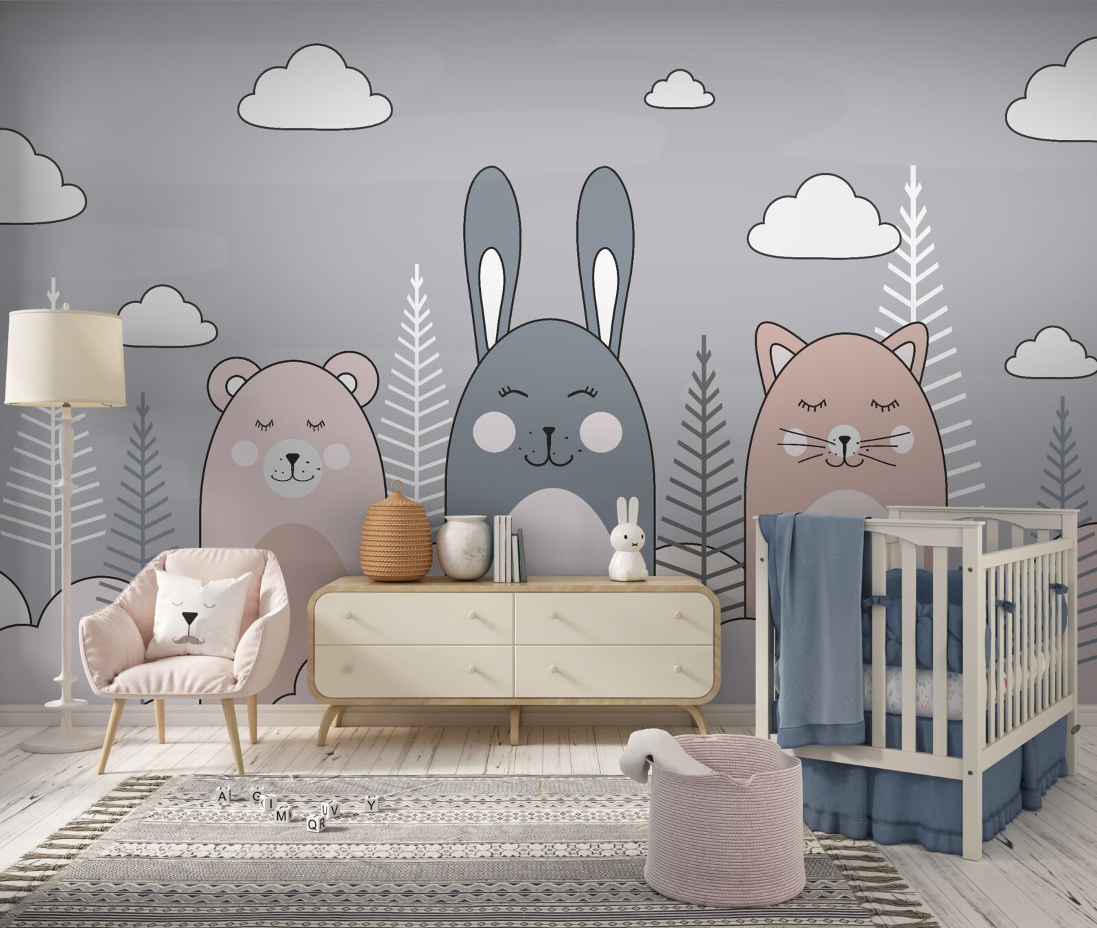 Fototapet o pisicuță, un urs și un iepure într-un decor de ambreiaj