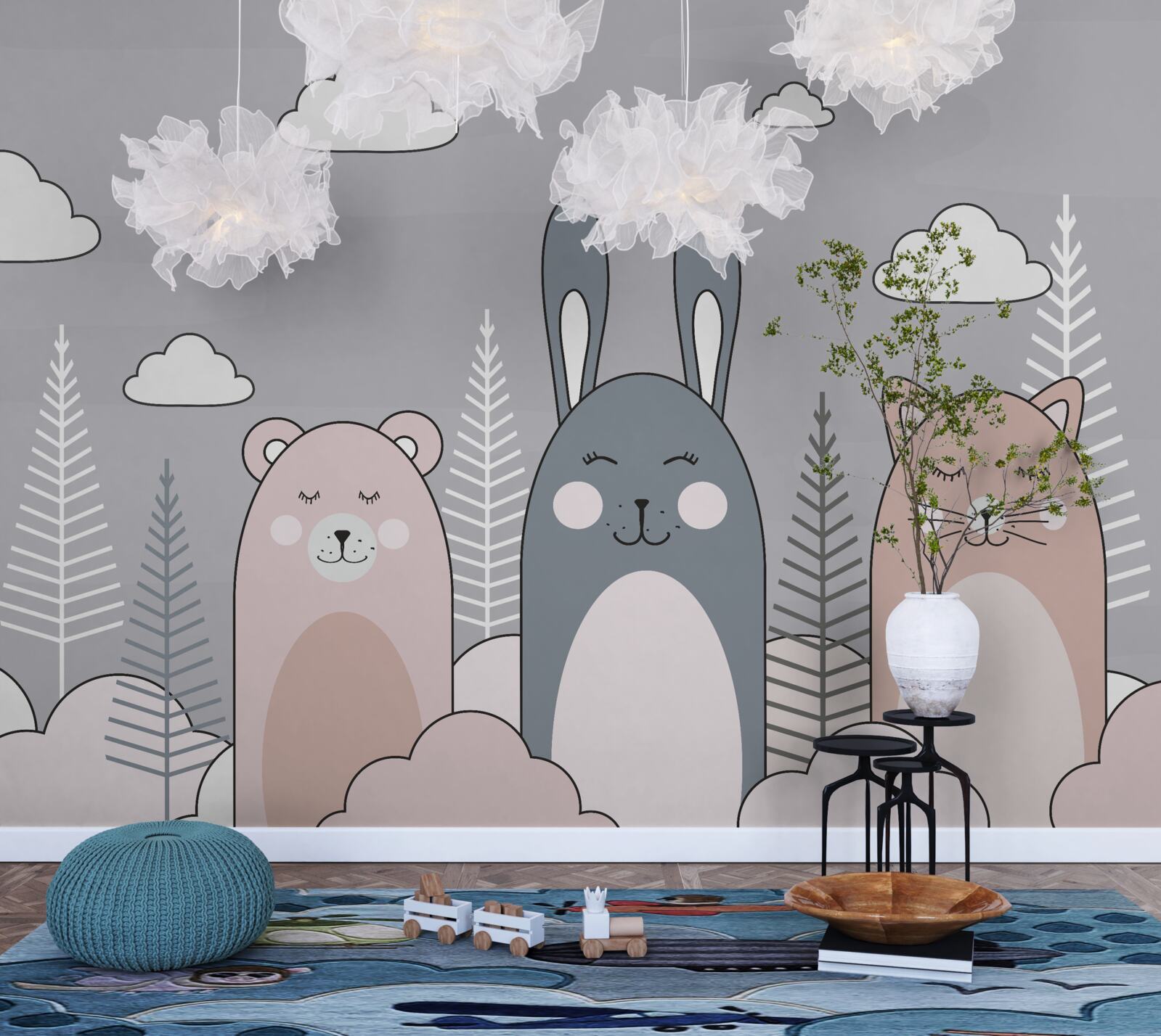 Fototapet o pisicuță, un urs și un iepure într-un decor de ambreiaj