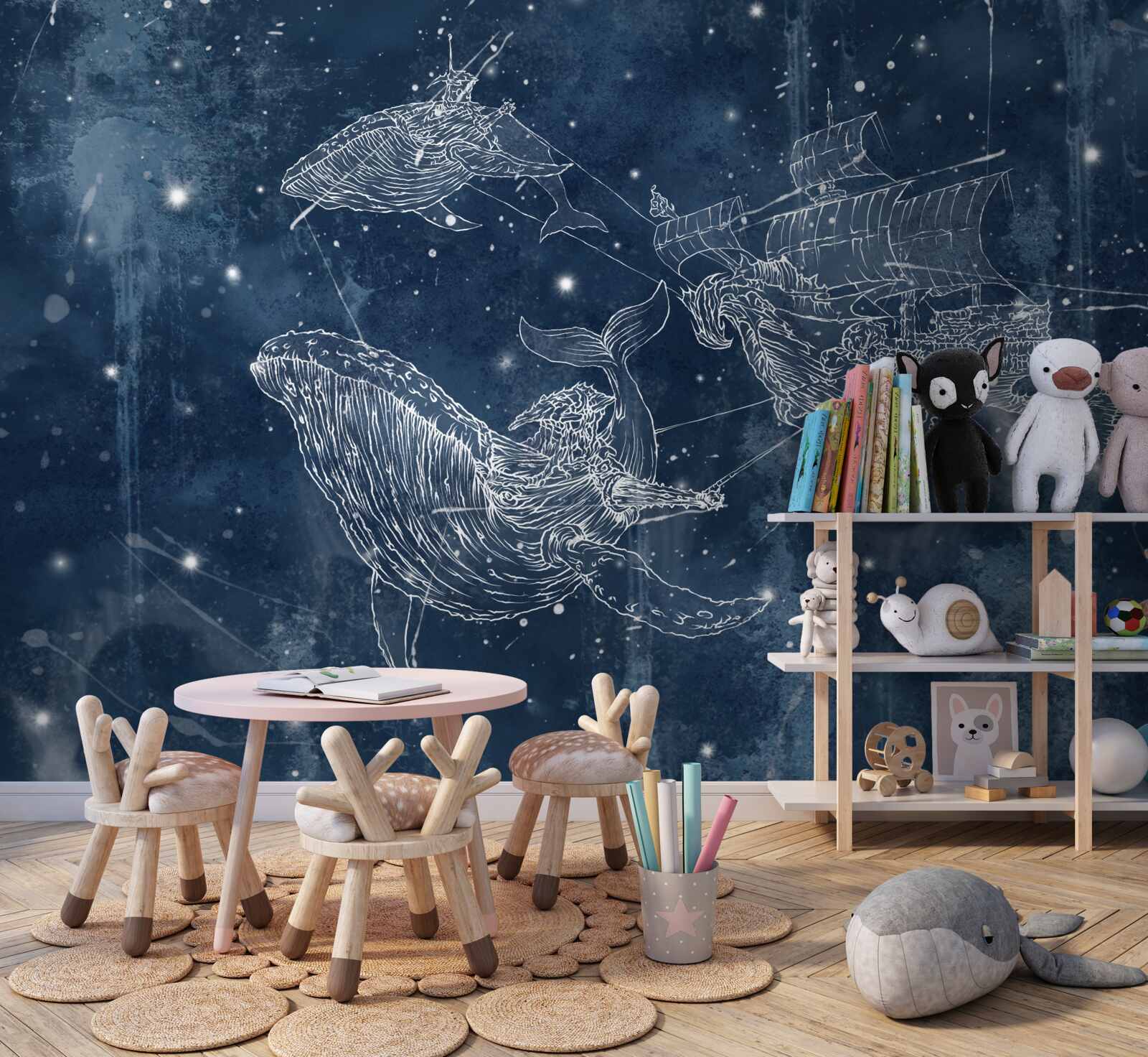 Fototapet nava spre care se îndreaptă stelele din constelația balenei