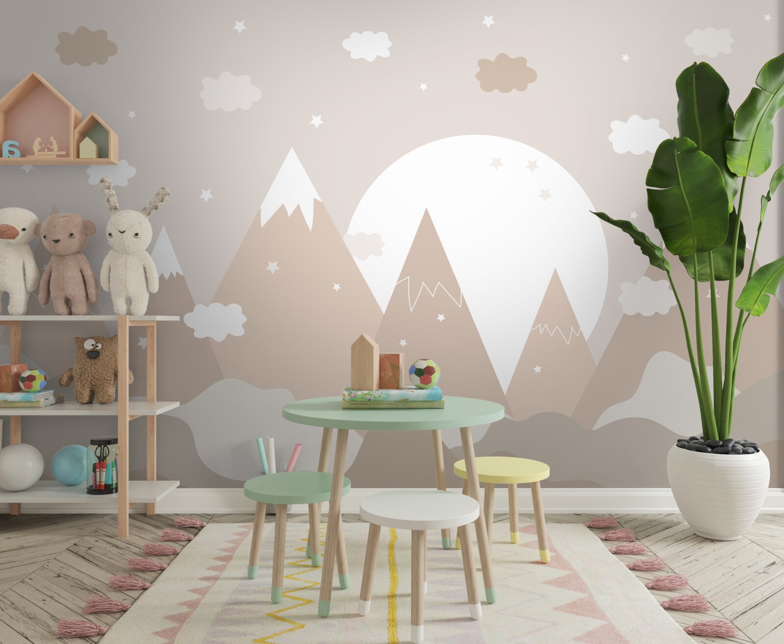 Fototapet vârfuri reprezentate pe pânză și lună plină strălucitoare