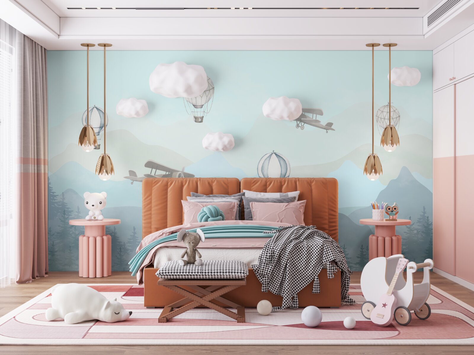 Fototapet vârfuri de munte, baloane și avioane pe cer