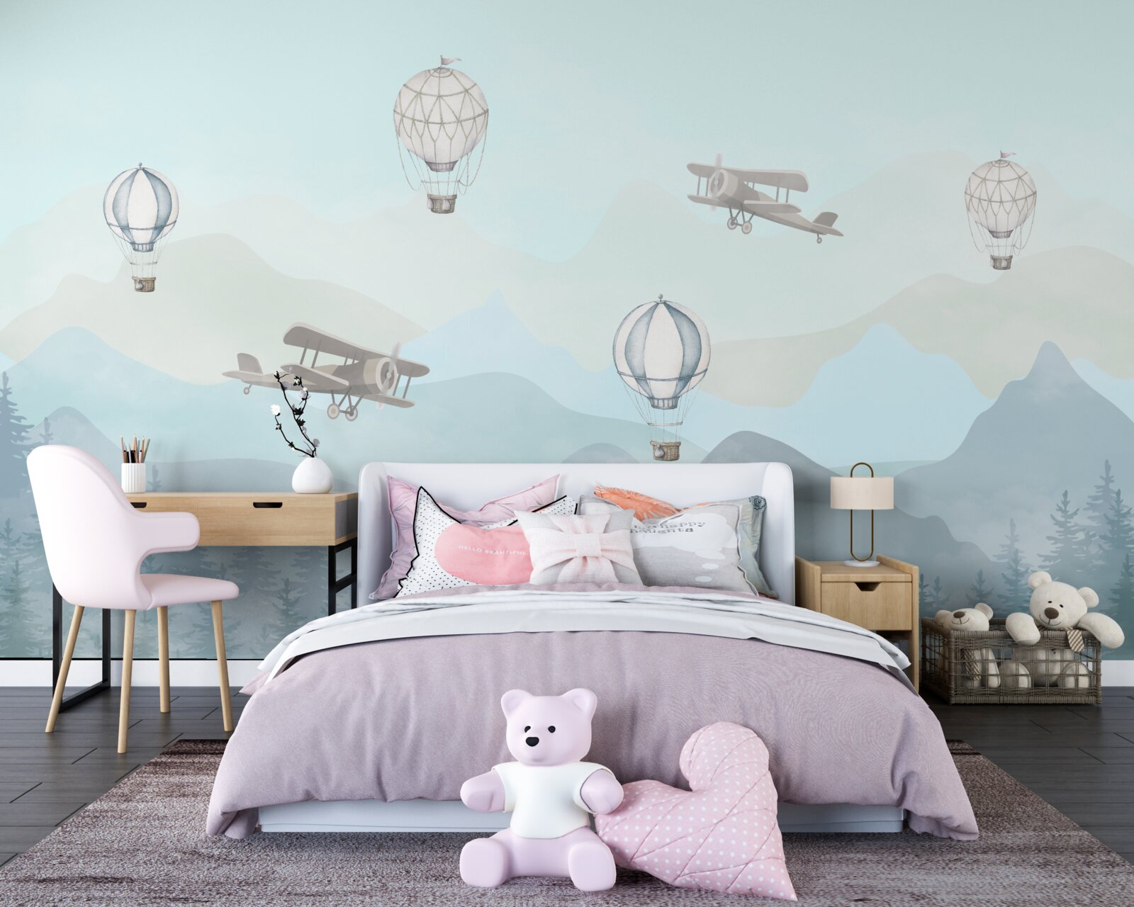 Fototapet vârfuri de munte, baloane și avioane pe cer