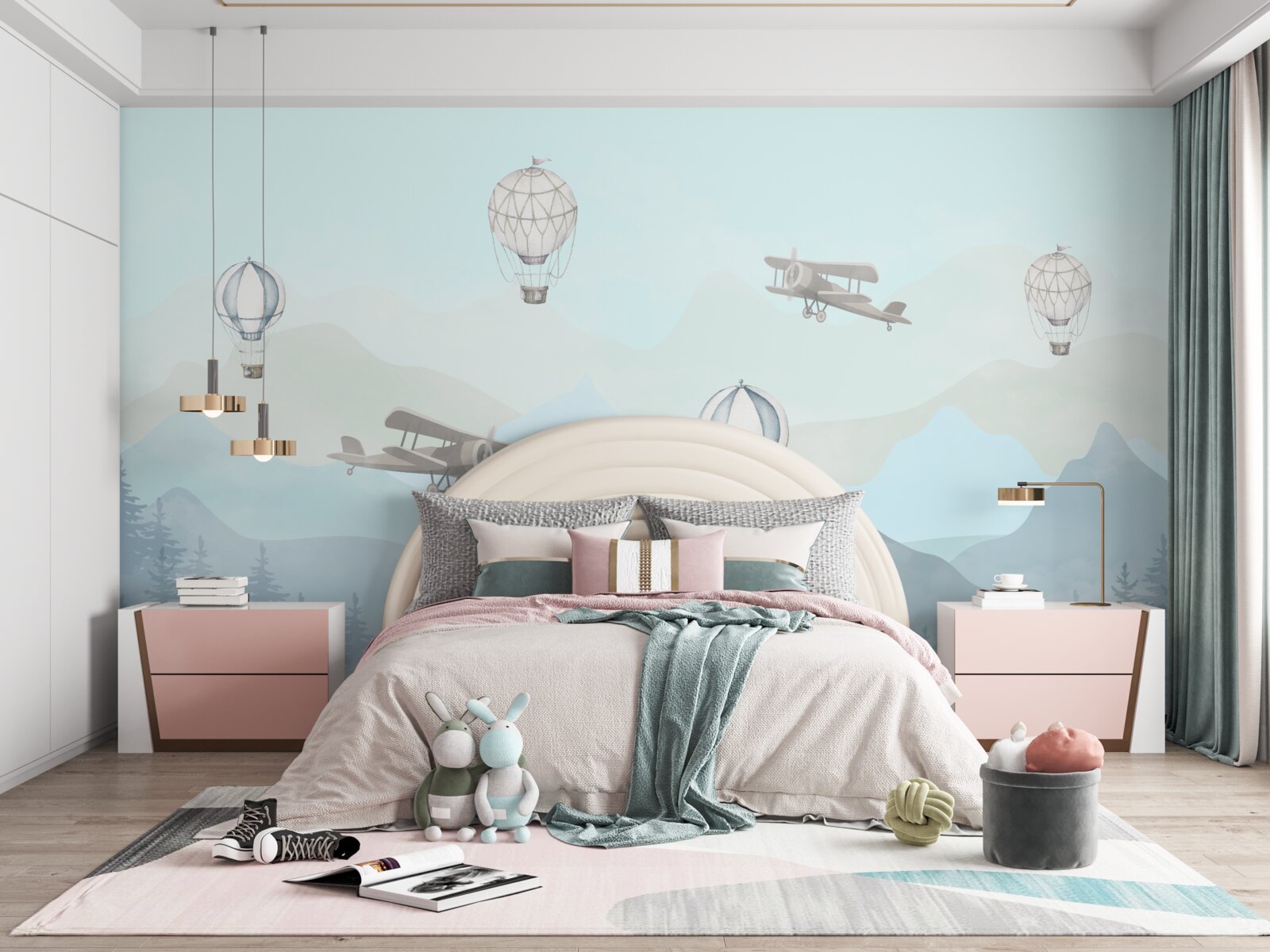 Fototapet vârfuri de munte, baloane și avioane pe cer