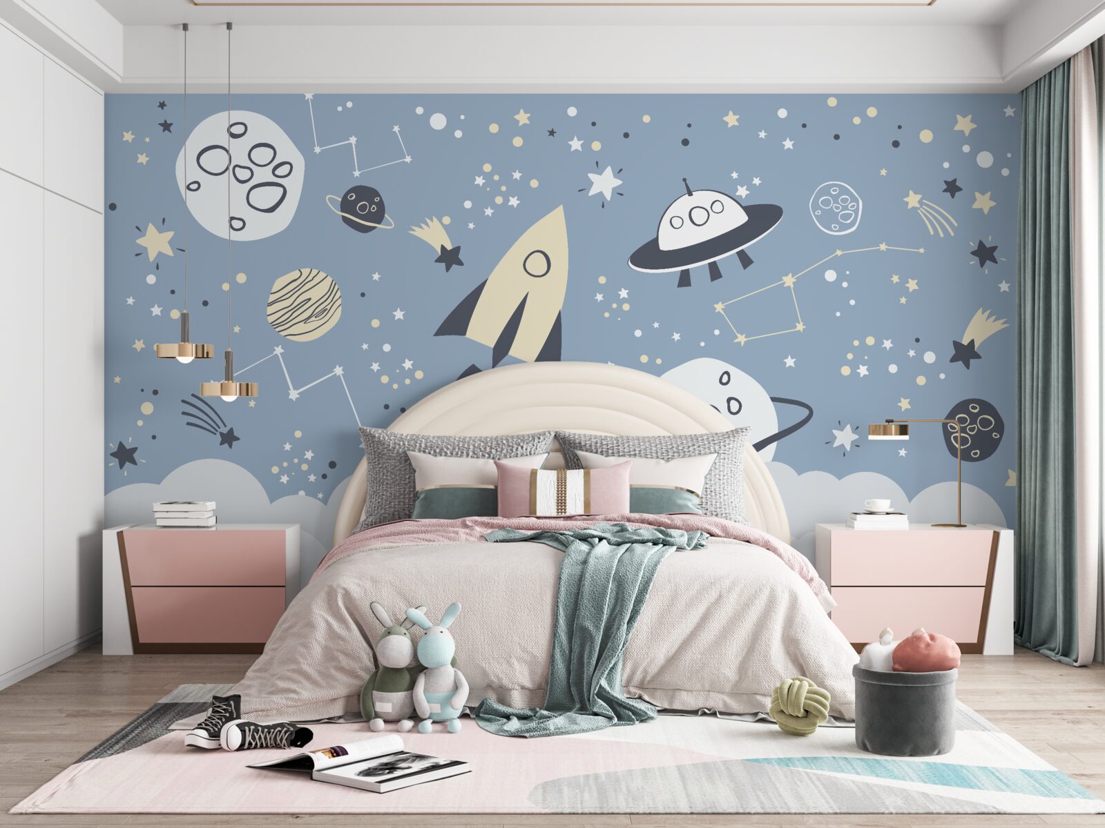 Fototapet navă spațială și ufo în vidul universului