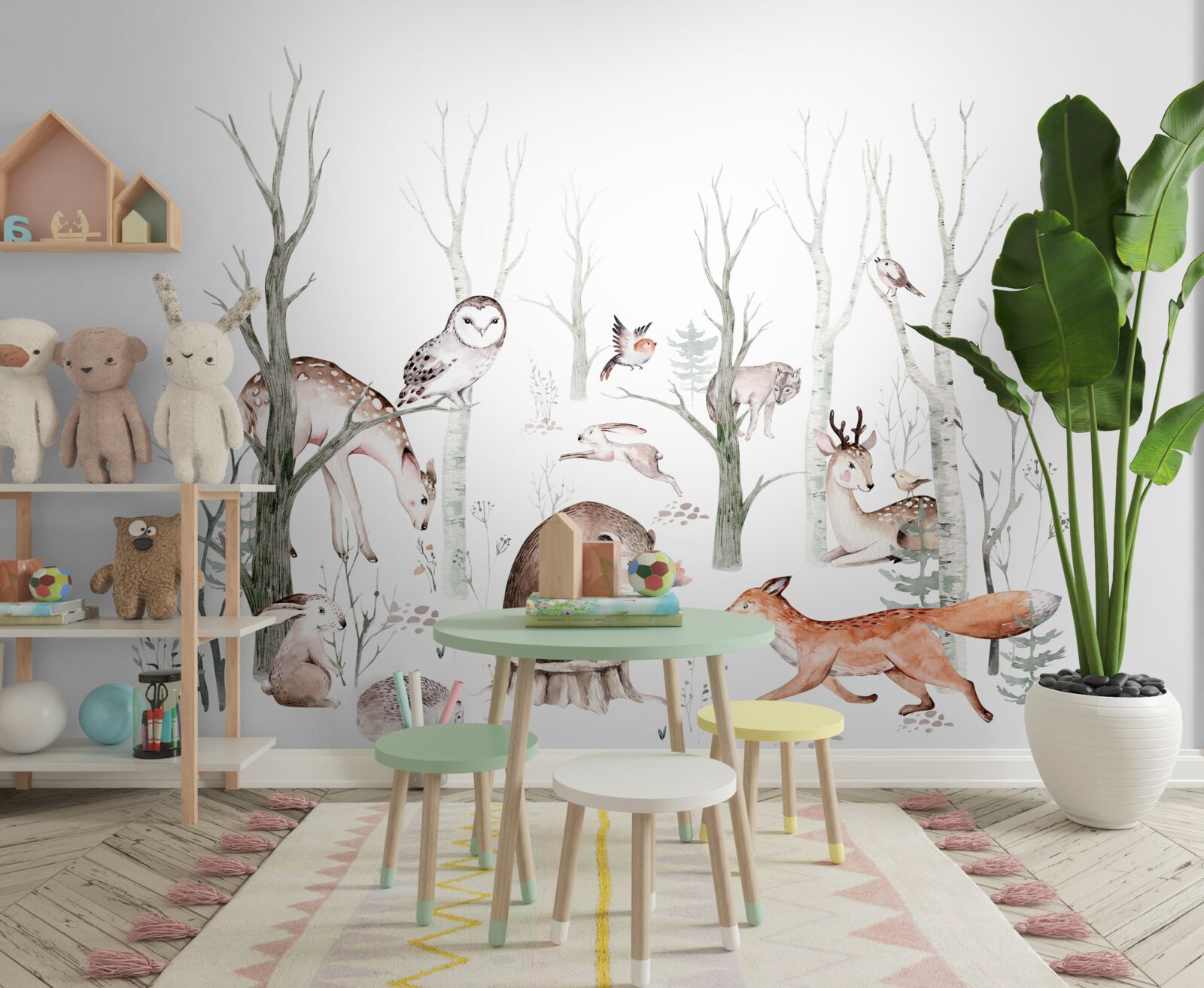 Fototapet animale din pădure reprezentate în acuarelă