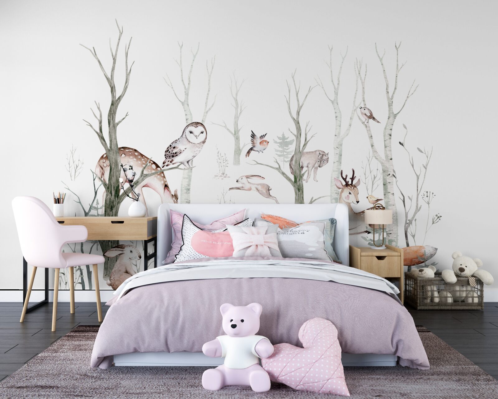 Fototapet animale din pădure reprezentate în acuarelă