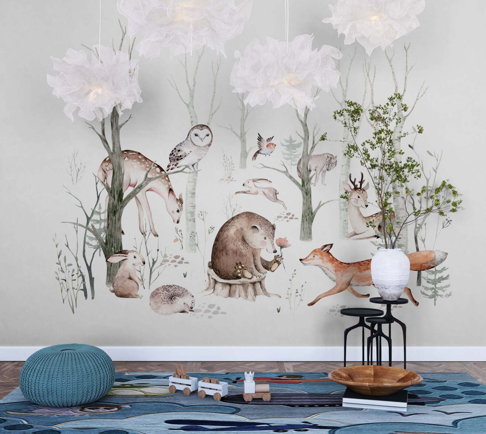 Fototapet animale din pădure reprezentate în acuarelă