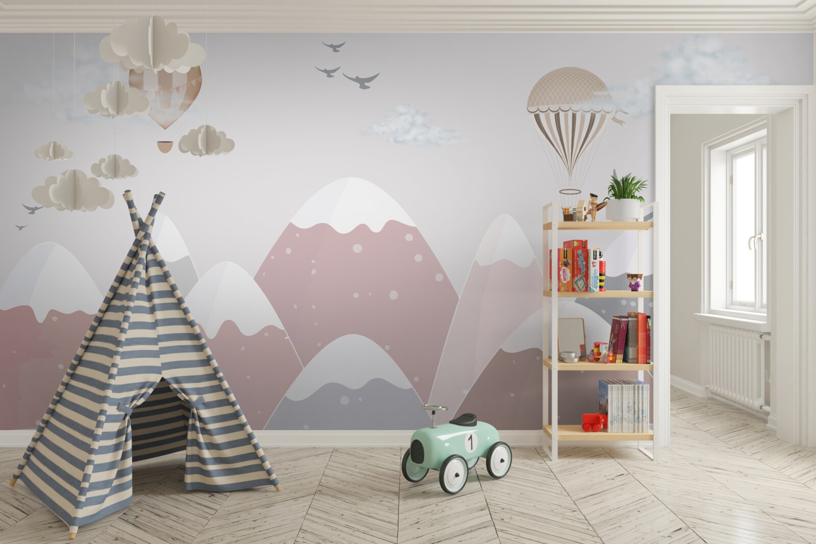 Fototapet baloanele care plutesc pe cer taie vârfurile munților acoperiți de zăpadă