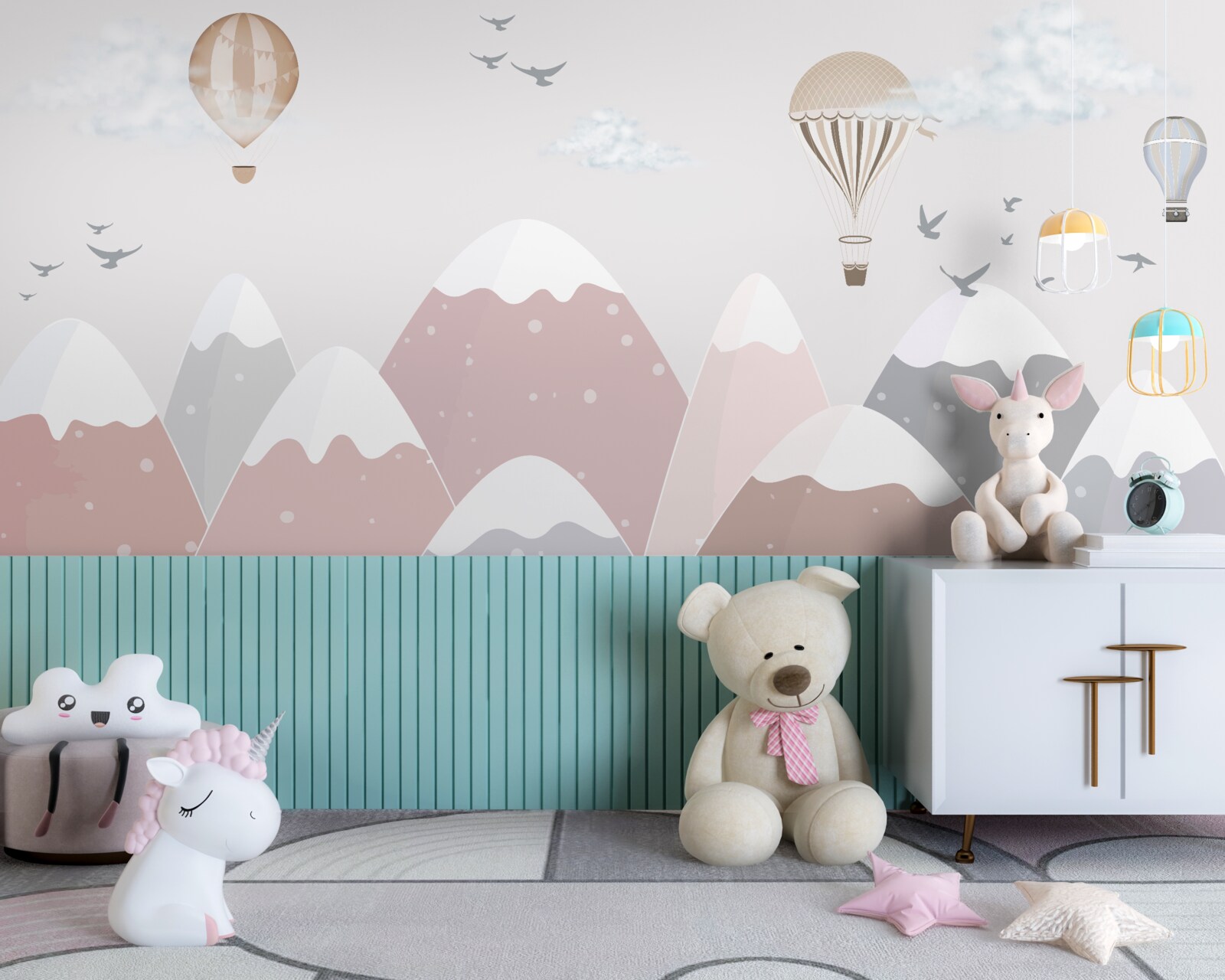 Fototapet baloanele care plutesc pe cer taie vârfurile munților acoperiți de zăpadă