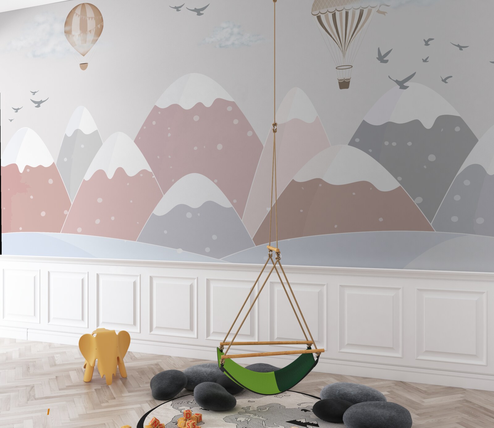 Fototapet baloanele care plutesc pe cer taie vârfurile munților acoperiți de zăpadă