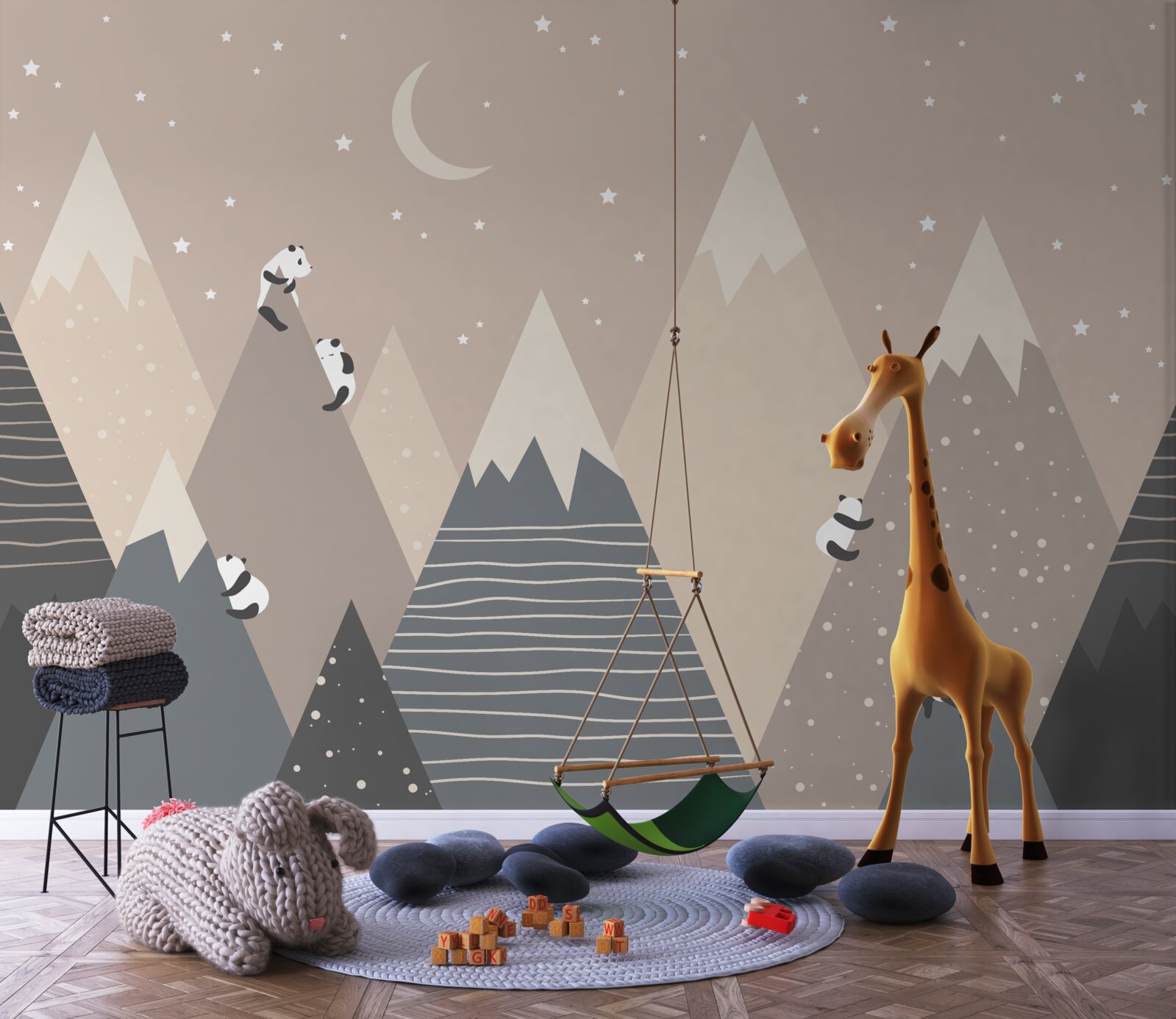 Fototapet panda se cațără pe munți