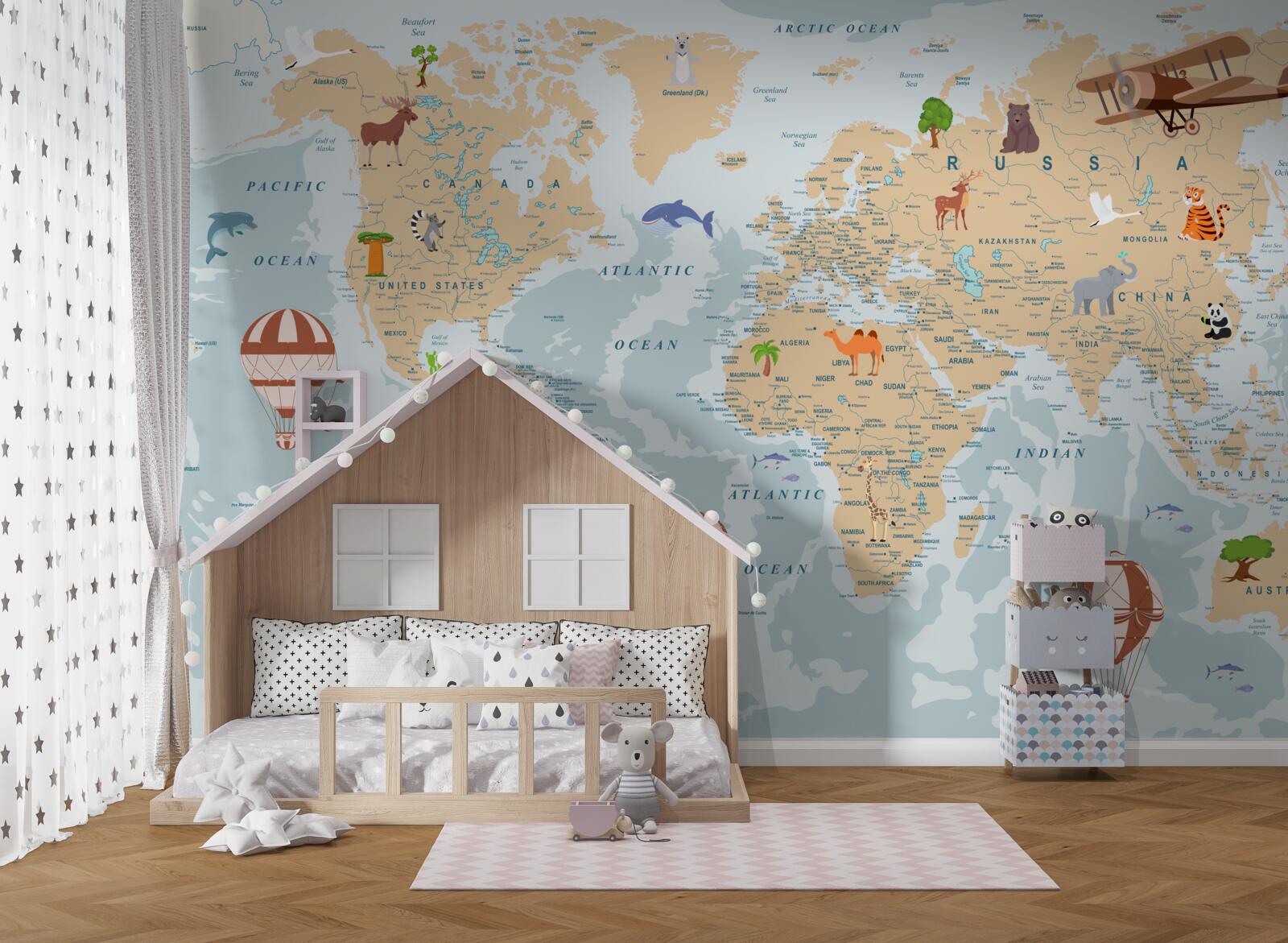 Fototapet hartă geografică detaliată a lumii cu diverse imagini