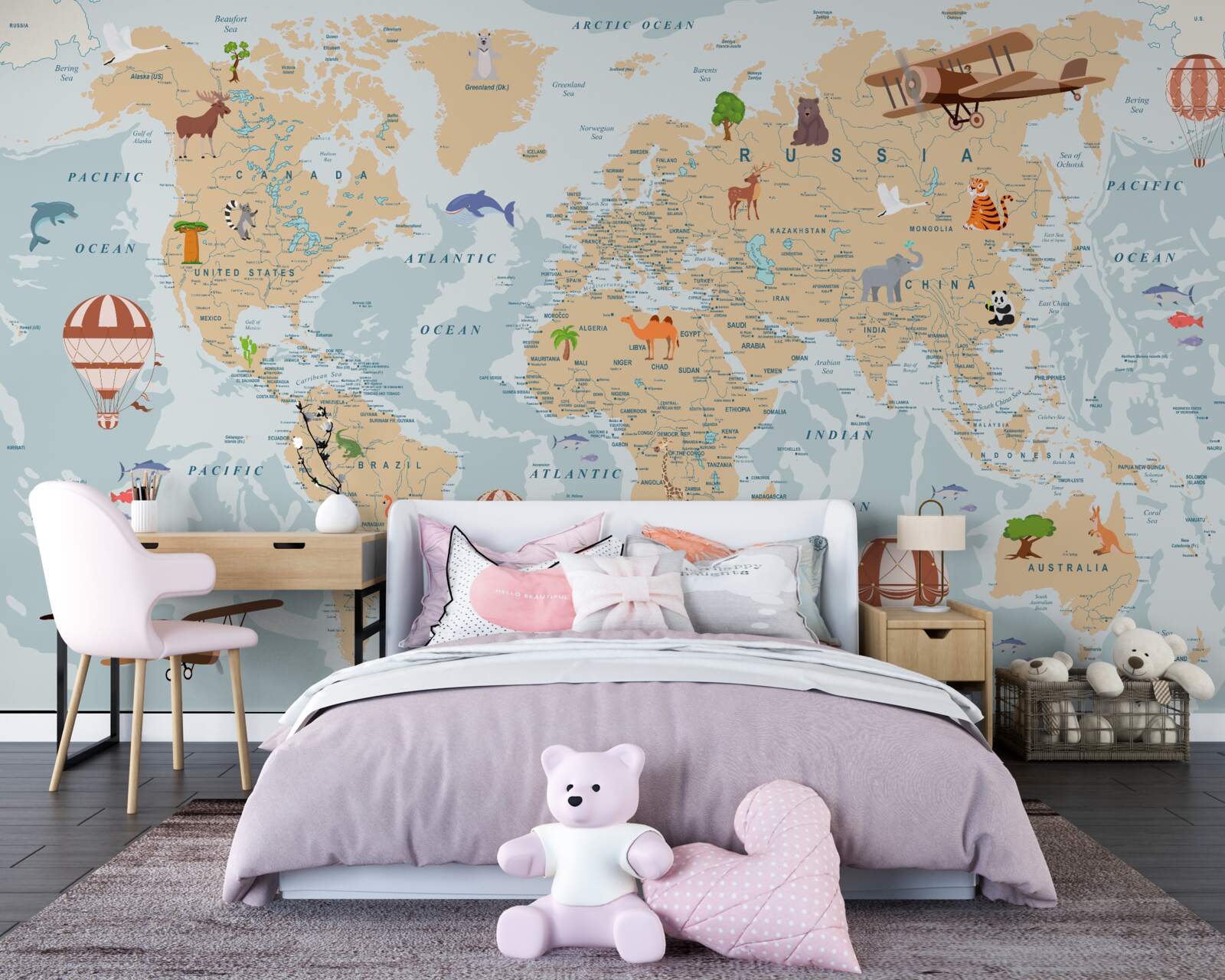 Fototapet hartă geografică detaliată a lumii cu diverse imagini