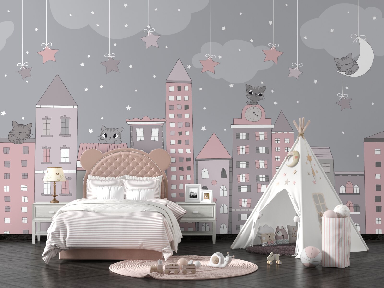 Fototapet acoperișurile caselor sunt decorate cu pisici