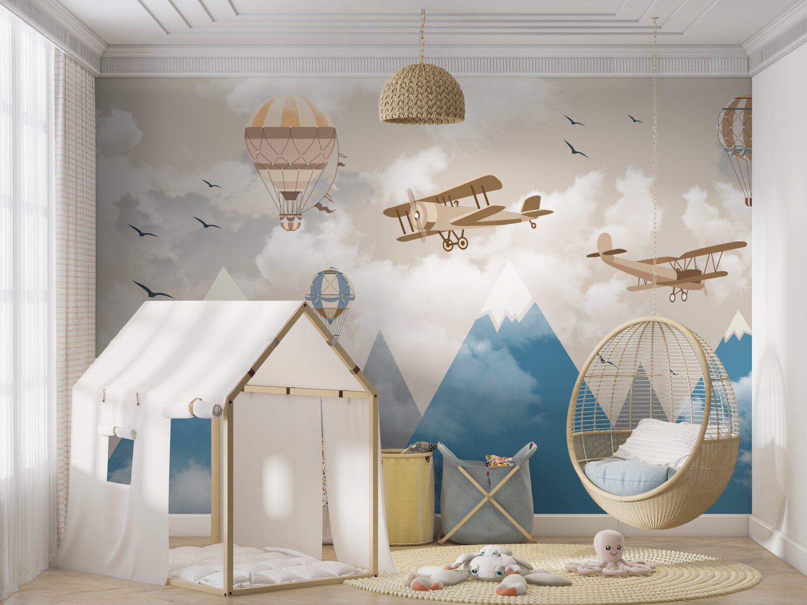 Fototapet deplasarea păsărilor și transportul aerian deasupra vârfurilor montane