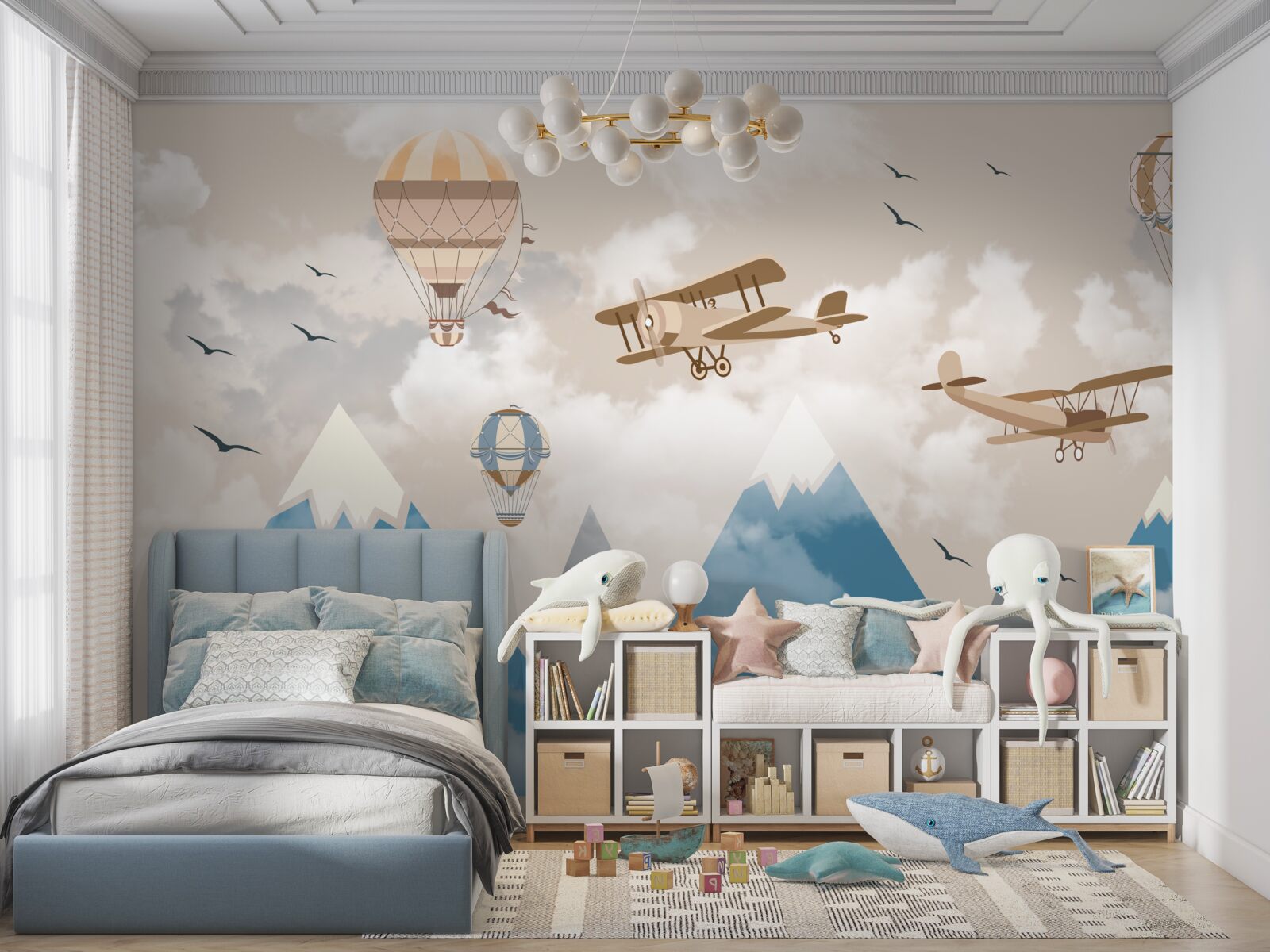 Fototapet deplasarea păsărilor și transportul aerian deasupra vârfurilor montane