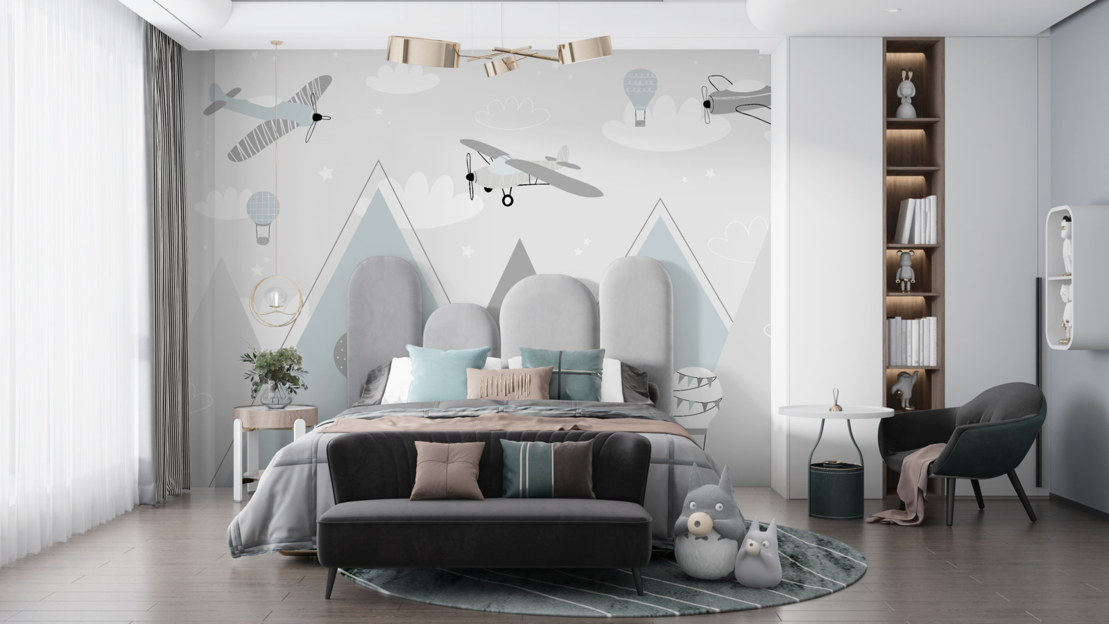 Fototapet baloane cu aer cald și avioane care planează deasupra vârfurilor munților