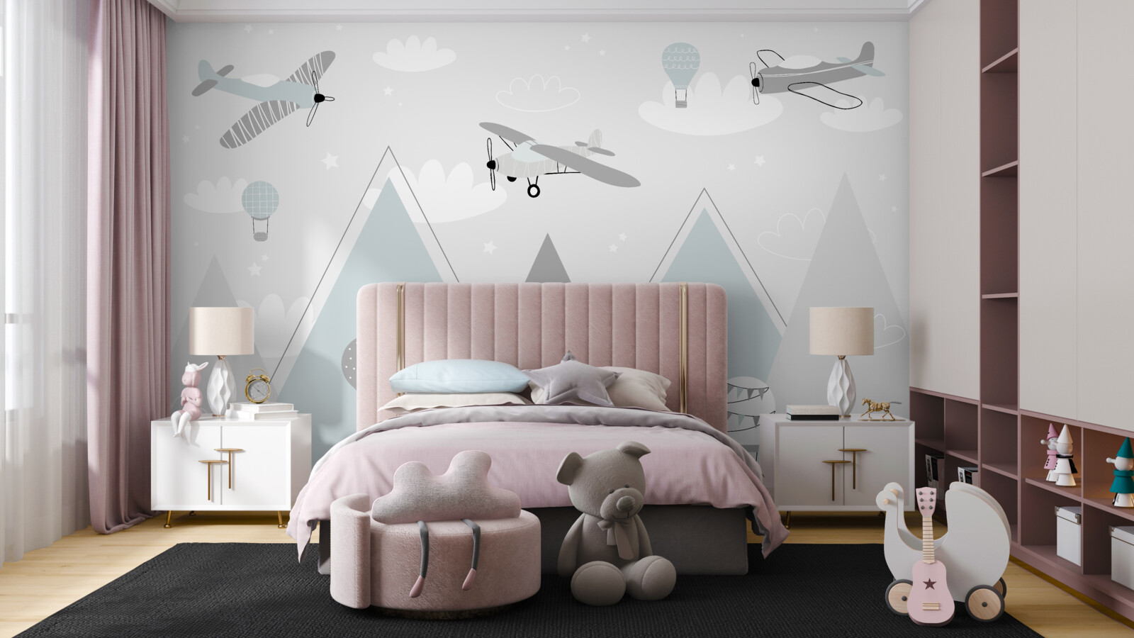 Fototapet baloane cu aer cald și avioane care planează deasupra vârfurilor munților