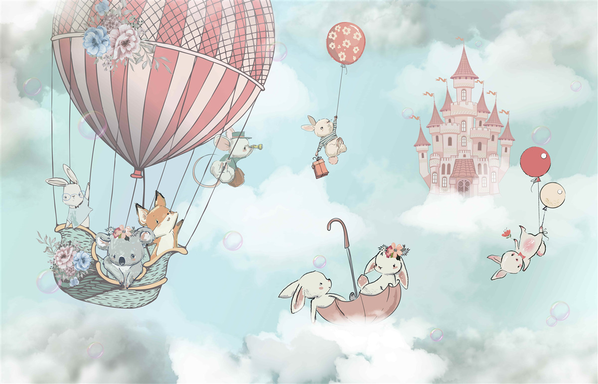 Fototapet în fundal un castel, în fața lui zboară animale