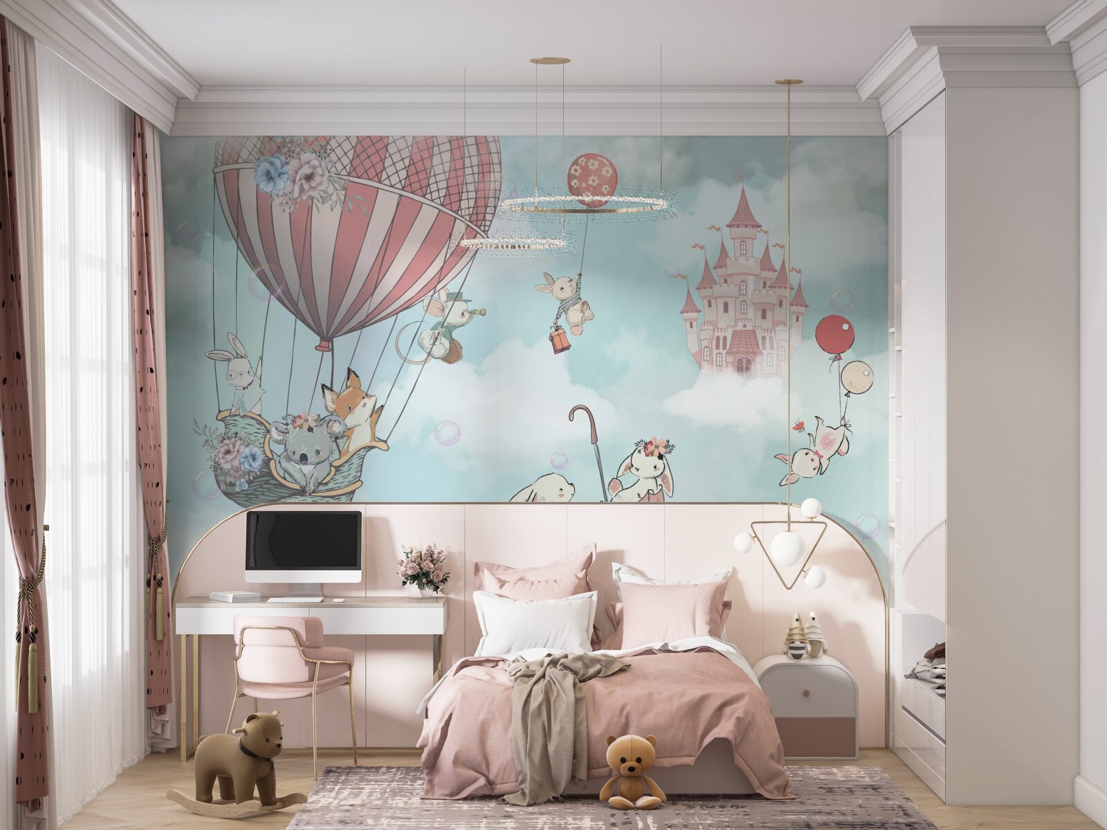 Fototapet în fundal un castel, în fața lui zboară animale