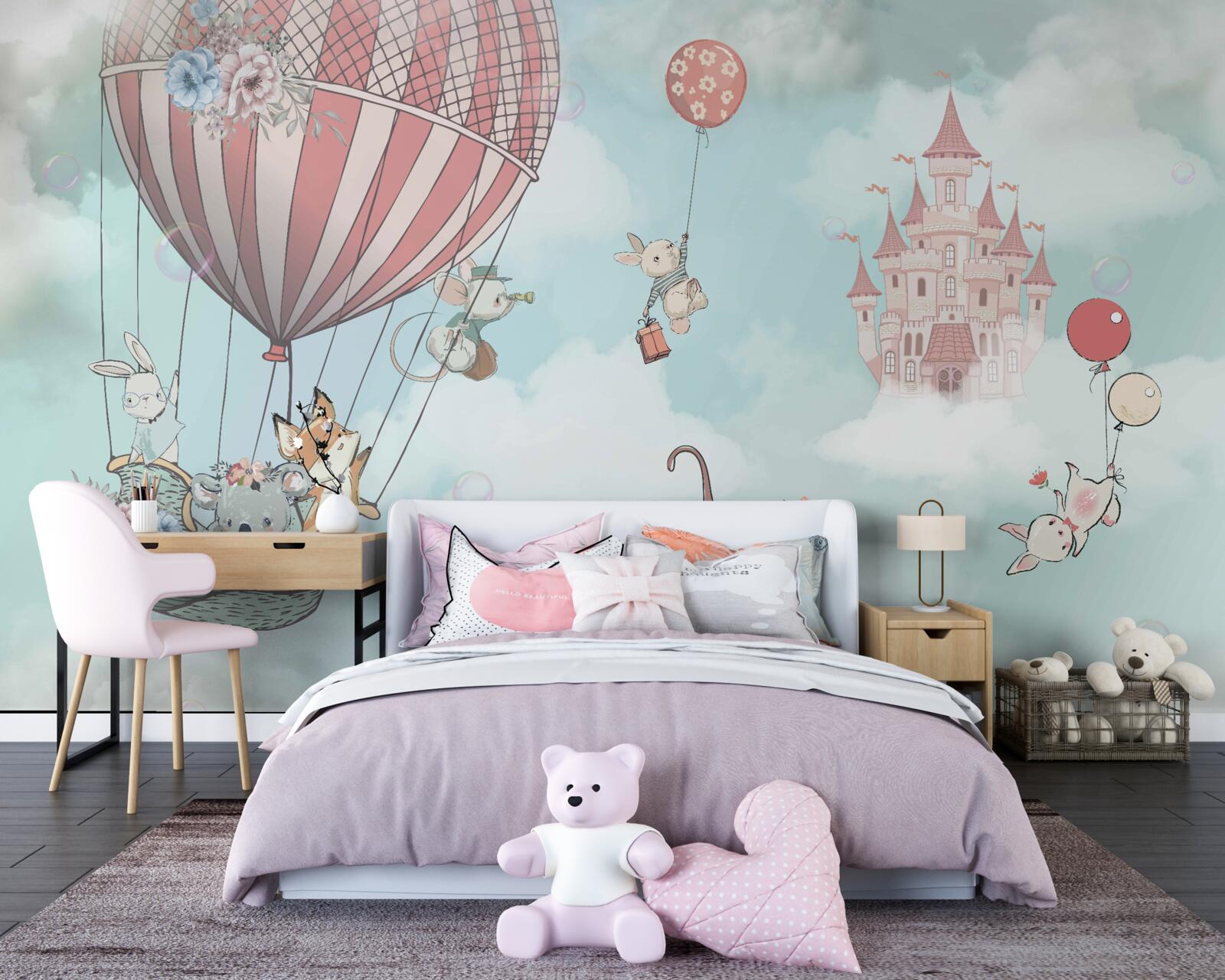 Fototapet în fundal un castel, în fața lui zboară animale