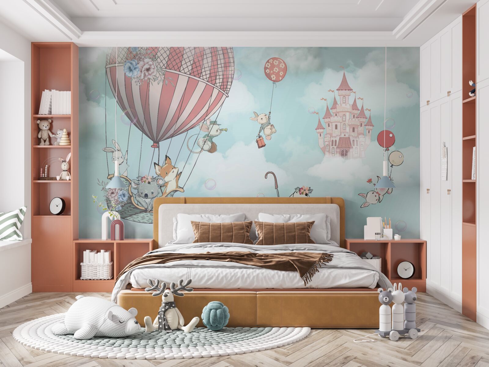 Fototapet în fundal un castel, în fața lui zboară animale