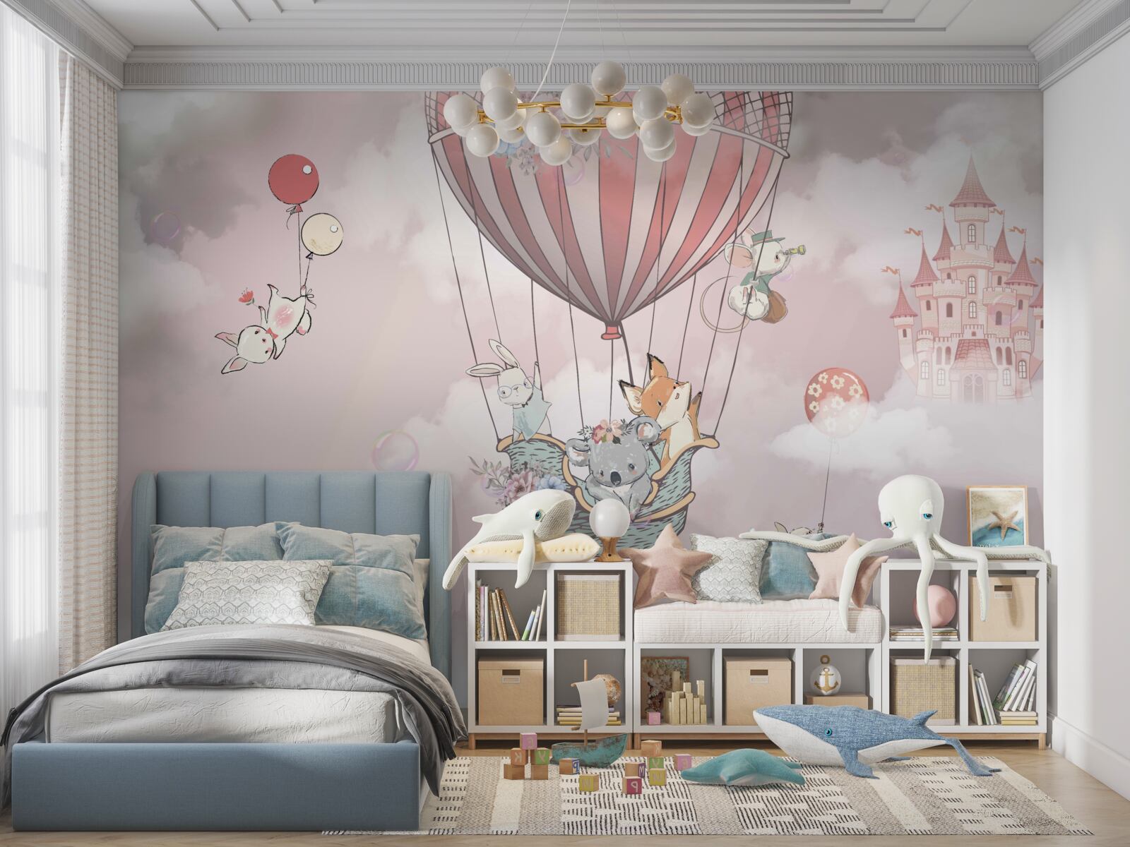 Fototapet animale de basm plutind în fundalul castelului