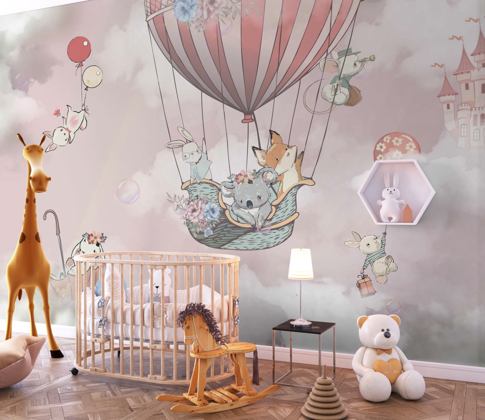 Fototapet animale de basm plutind în fundalul castelului