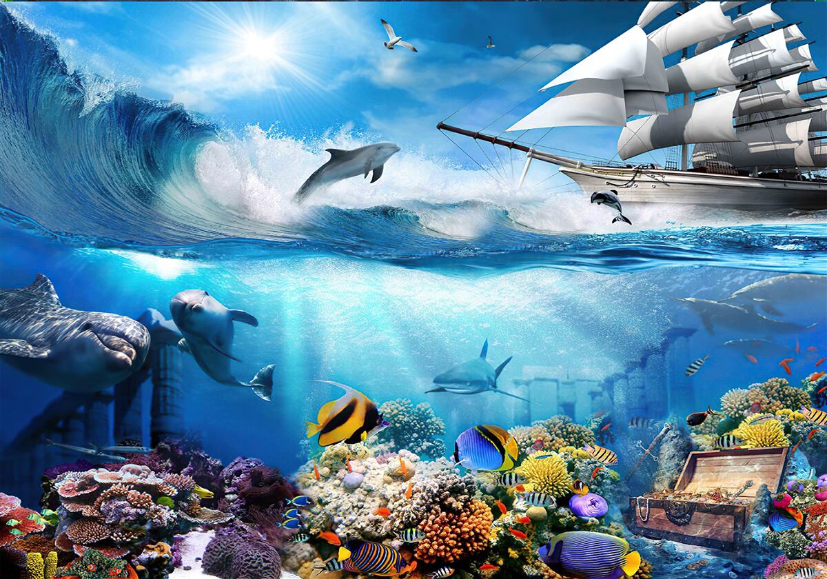 Fototapet nava și universul acvatic de sub ea