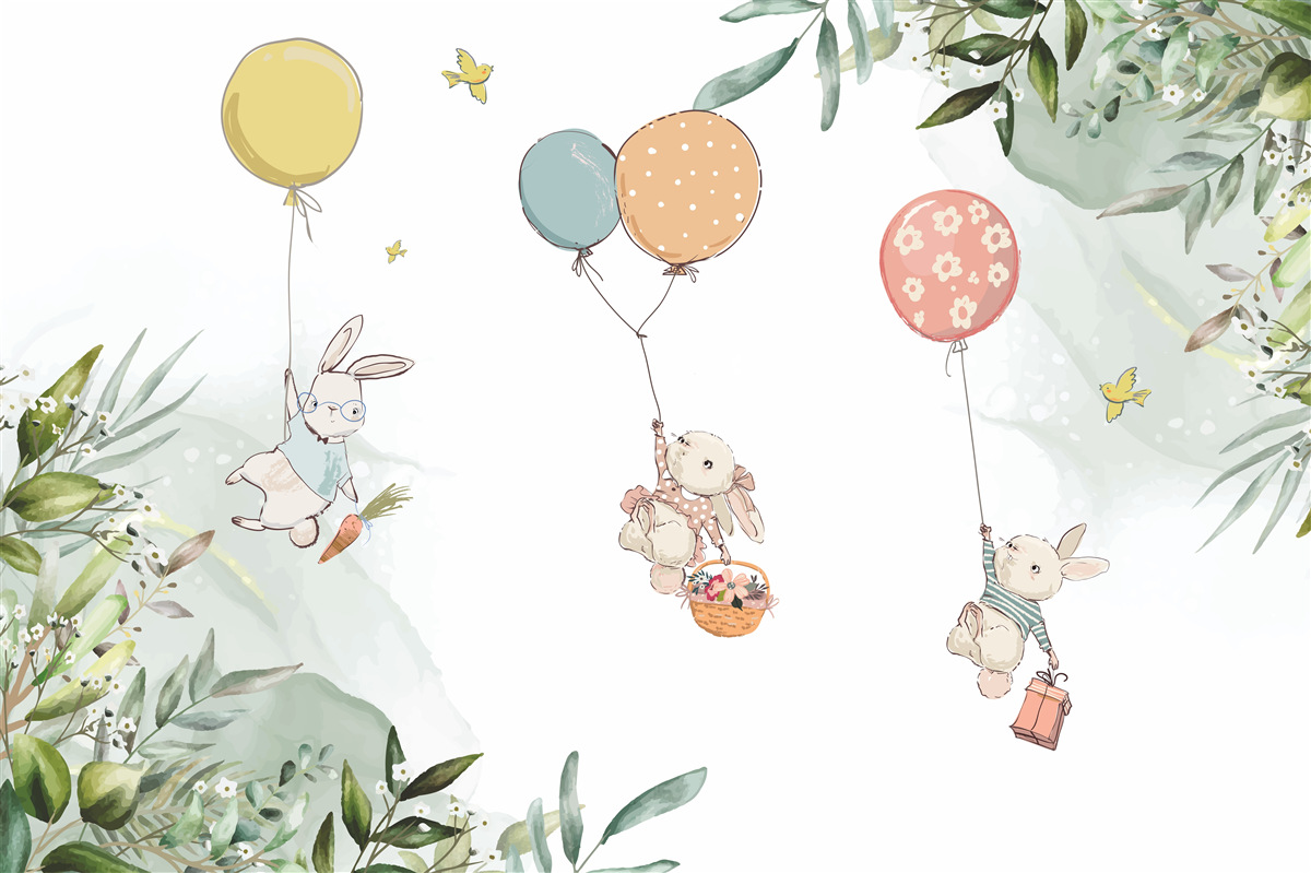 Fototapet iepuri care plutesc pe baloane